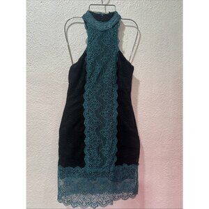 FREE PEOPLE ~X Small ~ Teal & Black Lace NATASHA Bodycon High Neck Dress
